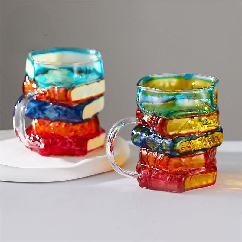 Painted Book Mug, High Borosilicate Glass Coffee Cup with Handle, Creative Irregular Book Shaped Drinking Cup