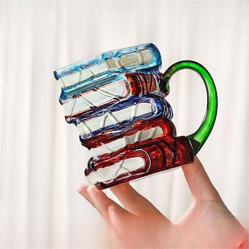 Hand Blown Crystal Glass Book Mug, Hand-Painted Novelty Book Shaped Coffee Cup, 420ml Transparent Glass Cup With Handle