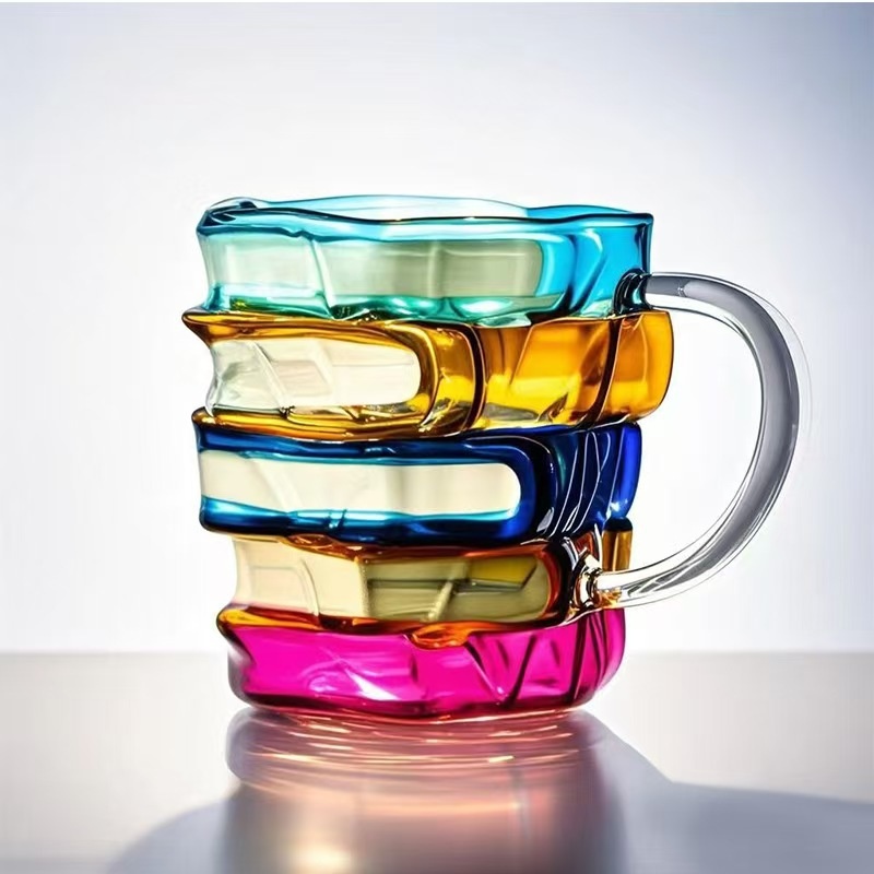 New Hand-Painted Book Mug, High Borosilicate Glass Book Shaped Cup, Crystal Glass Novelty Coffee Cup