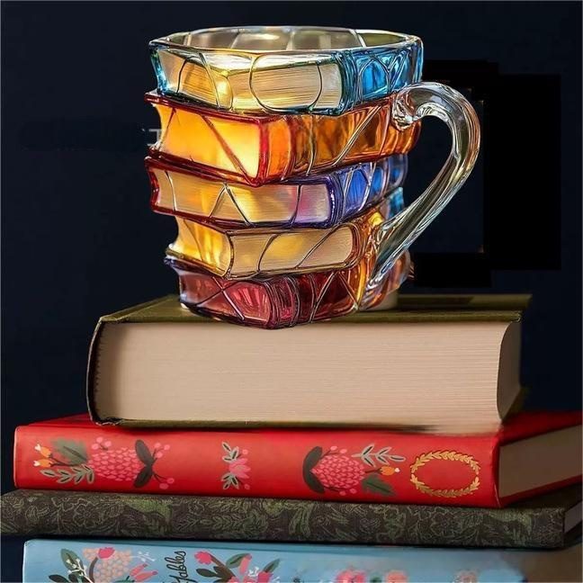 Painted Book Mug, Creative Stackable Book Shaped Coffee Cup, European Geometric Resin & Glass Book Cup Gift