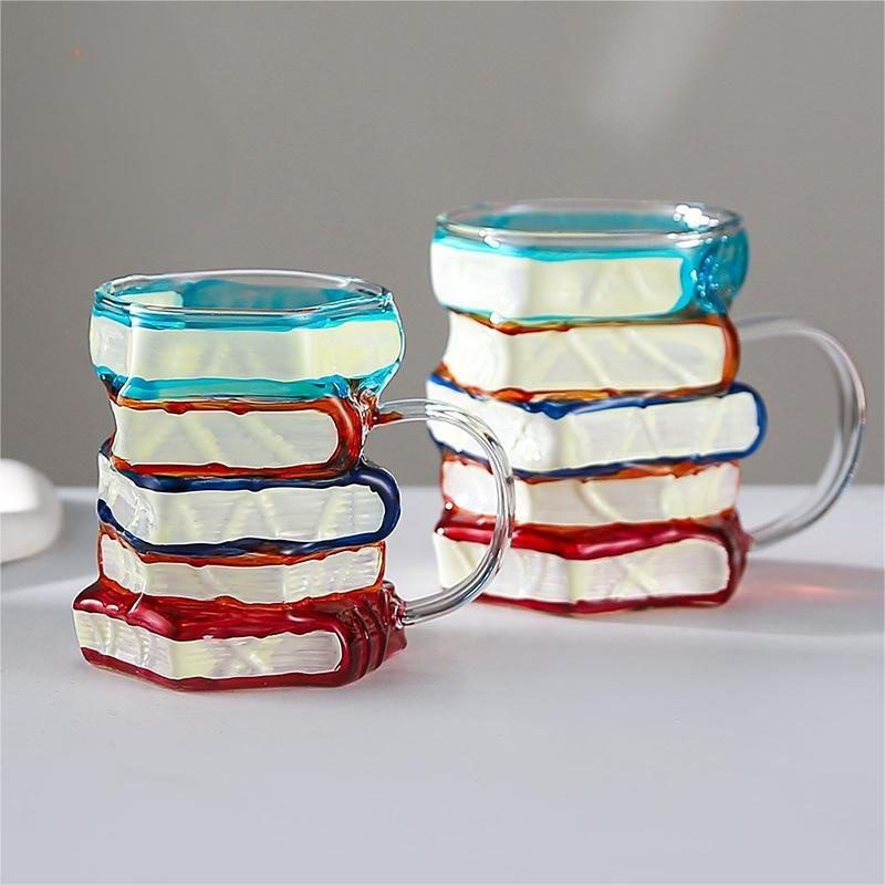 Painted Book Mug, High Borosilicate Glass Coffee Cup with Handle, Creative Irregular Book Shaped Drinking Cup - Image 5