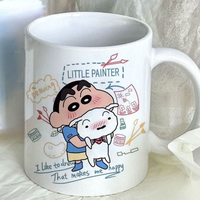 Crayon Shin-chan Ins-Style Cute Cartoon Mug, High-Grade White Jade Ceramic Water Cup for Home Office Milk Coffee