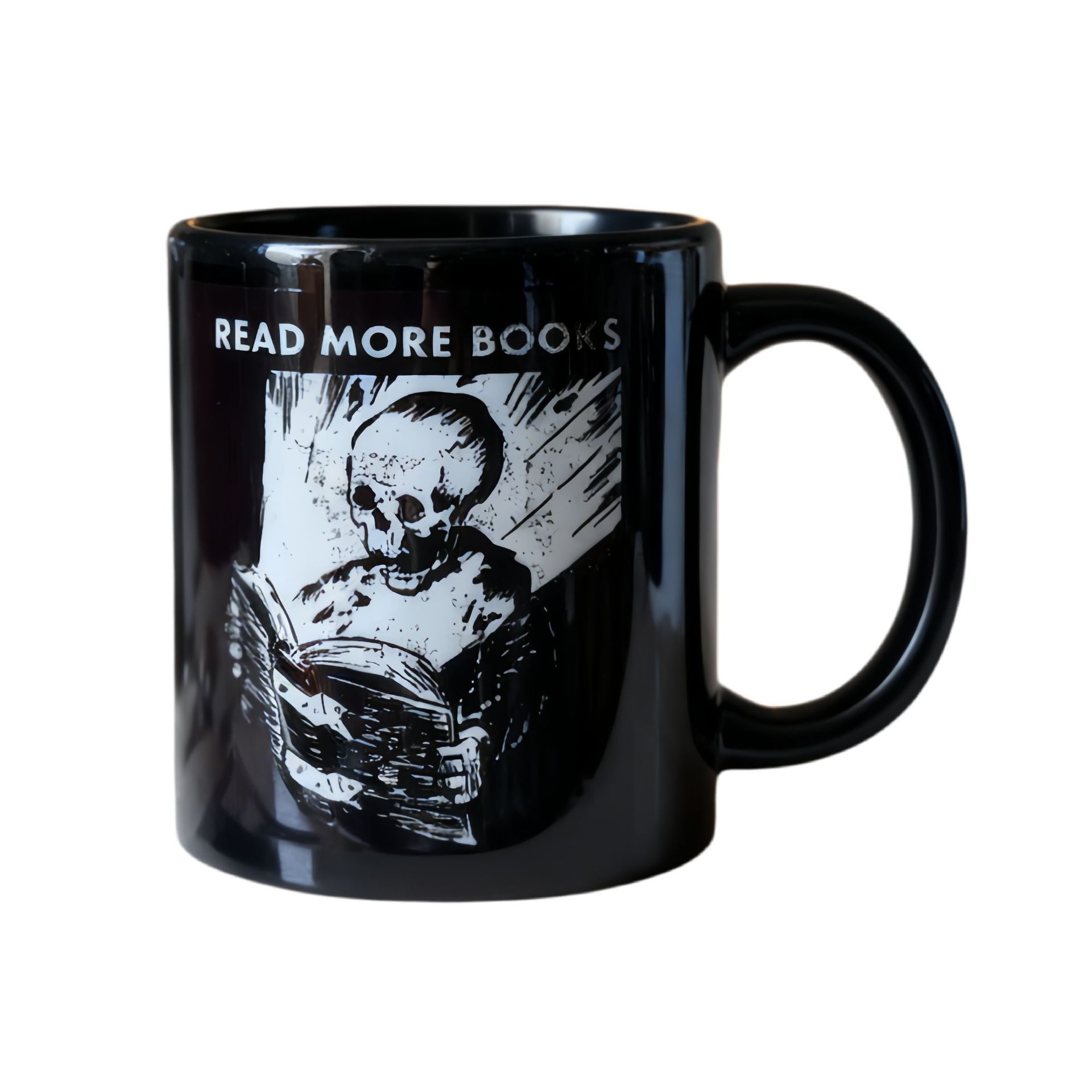 Cartoon Black Ceramic Mug 301-400ml Reading Skull Coffee Cup Home Office Daily Drinking Cup