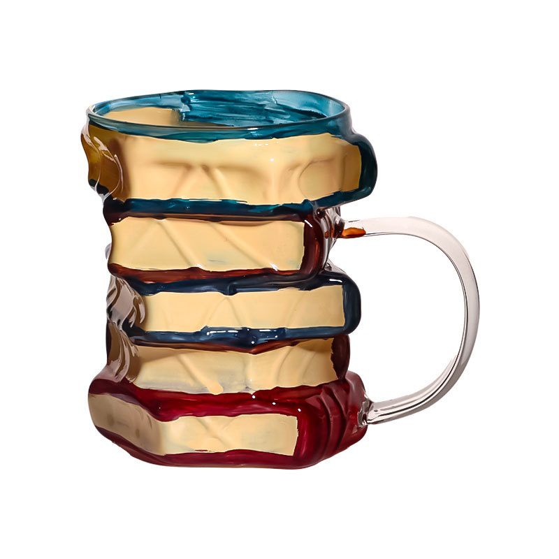 New Painted Book Mug, Creative Book Shaped Heat Resistant Glass Coffee Cup, Hand Drawn Pattern Transparent Book Cup