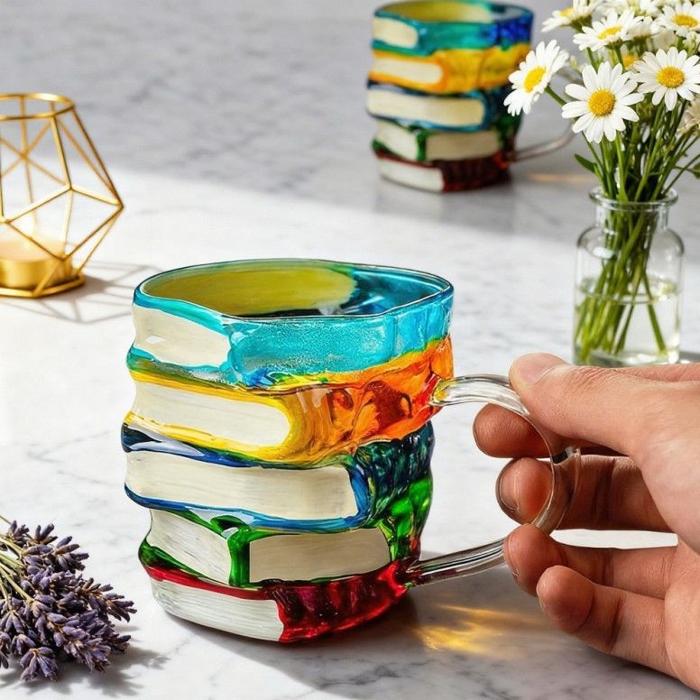 Stylish Book Shaped Glass Mug, Art Book Coffee Cup, High Aesthetic Hand Blown Glass Cup for Home & Office