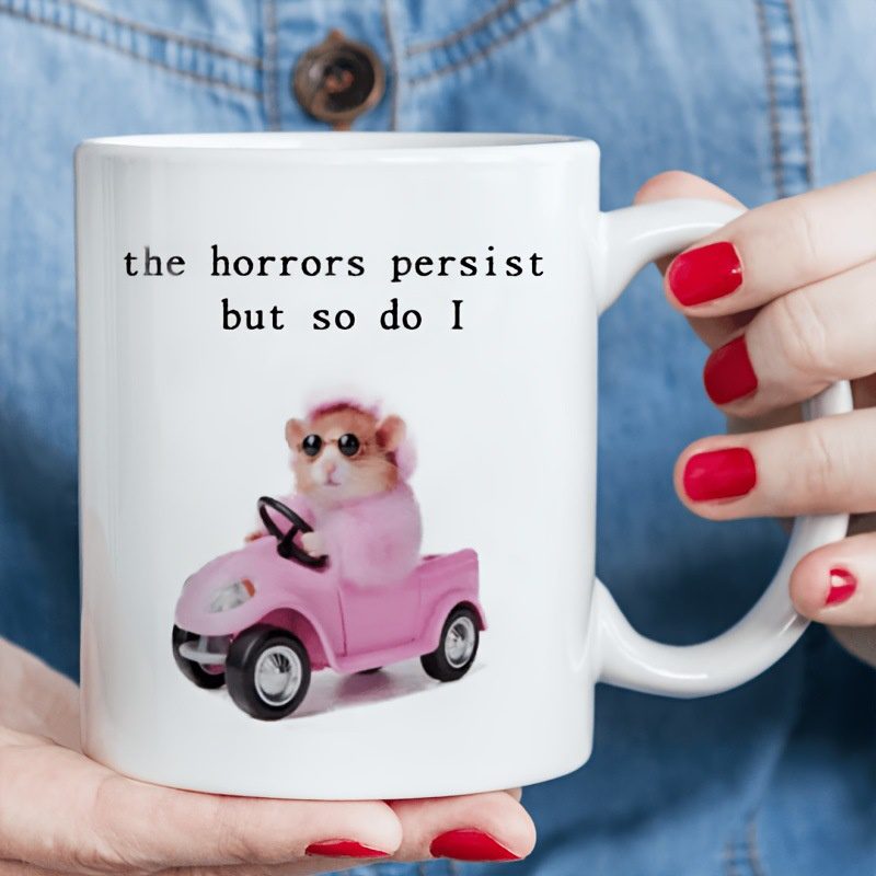 11oz Pink Hamster White Porcelain Coffee Mug, Fun Birthday Gift Cup