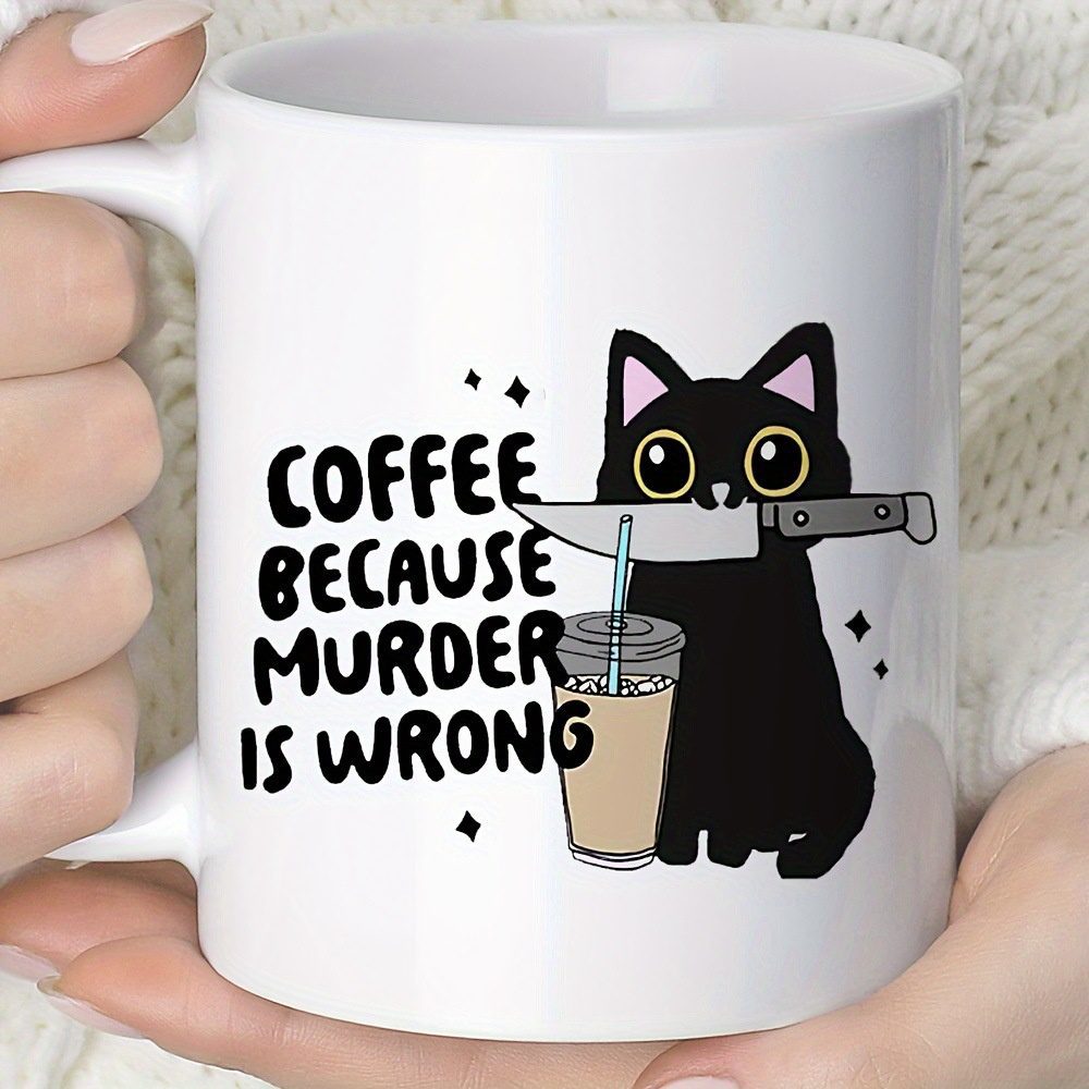 11oz Black Cat White Porcelain Coffee Mug, Fun Birthday Gift Cup