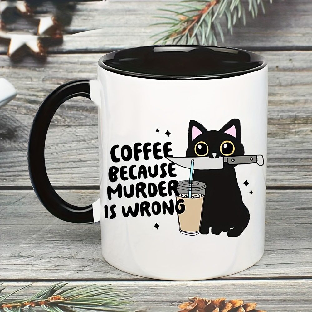 11oz Black Cat White Porcelain Coffee Mug, Fun Birthday Gift Cup - Image 4