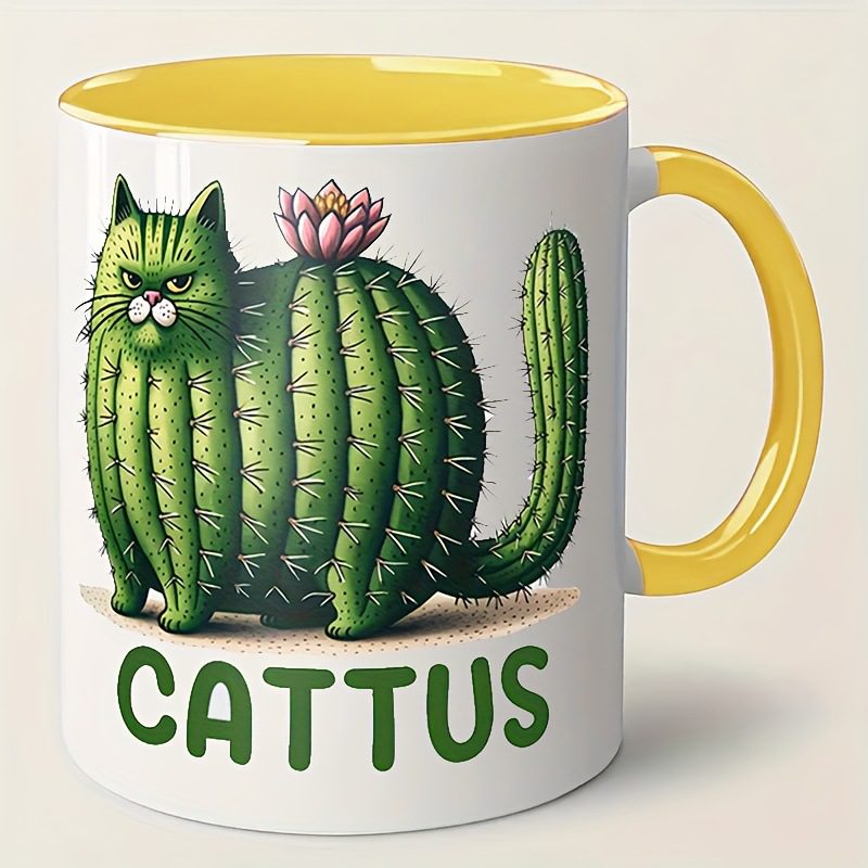 11oz Ceramic Coffee Mug, Cactus & Cat Pattern Funny Birthday Gift Mug